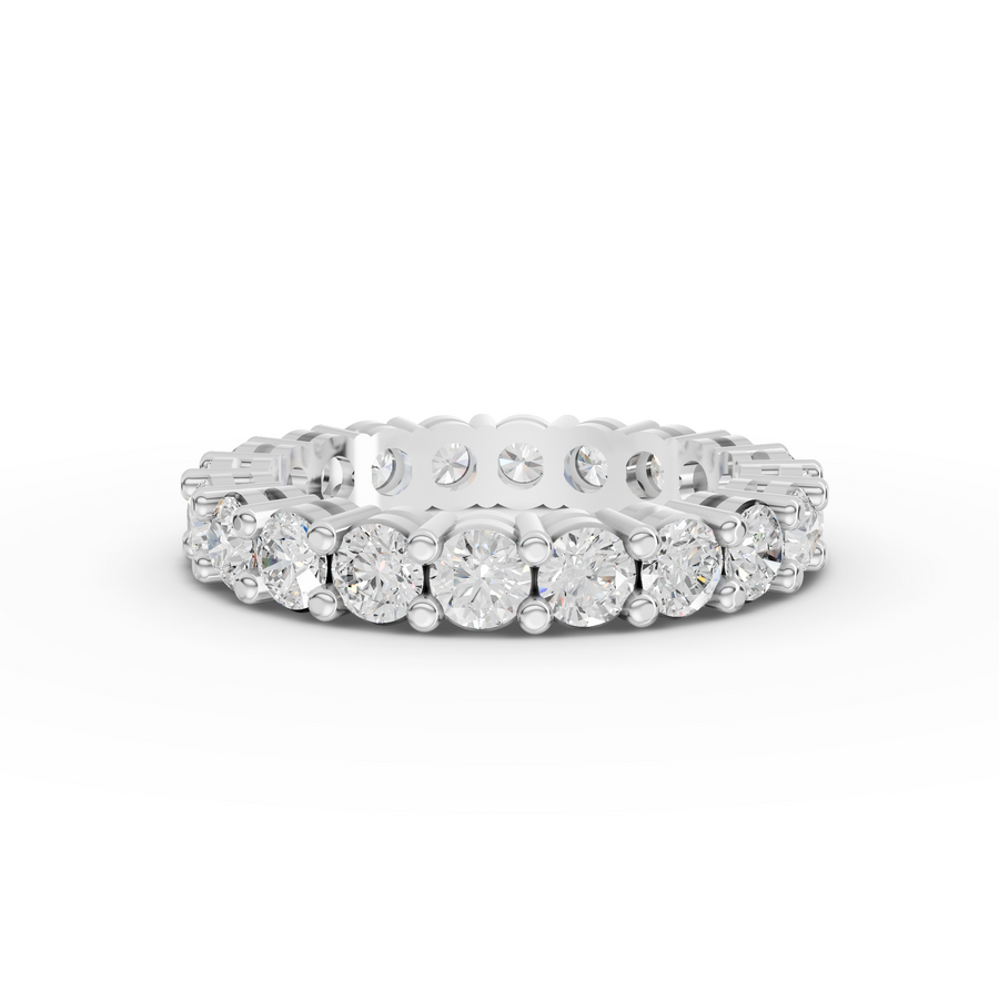 2.57 ct round lab grown diamond shared-prong full eternity ring with continuous diamonds around the band
