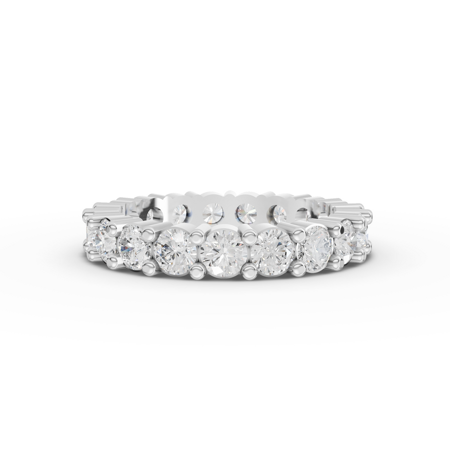 2.44 ct round lab diamond full eternity ring with basket setting and shared U-prongs