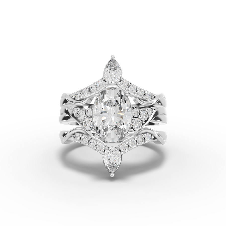 2.15 ct oval halo lab diamond chevron ring set with 1.50 ct center stone and dual curved bands