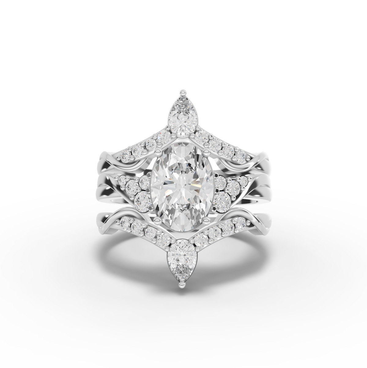 2.15 Ct Oval Diamond Cluster Engagement Ring with Double Chevron Bands