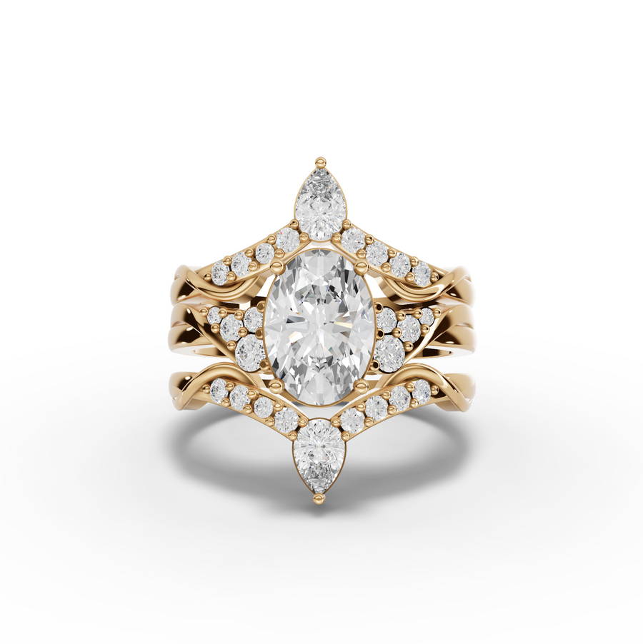 2.15 Ct Oval Halo Chevron Ring Set 1.5 Ct Center