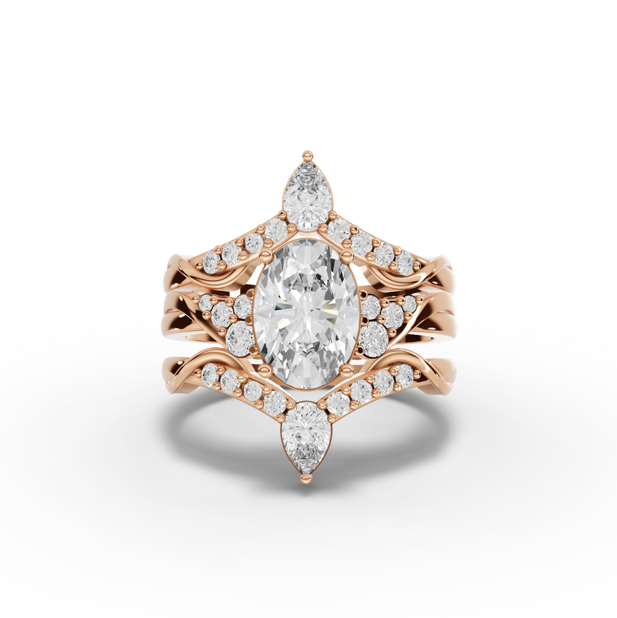 2.15 Ct Oval Halo Chevron Ring Set 1.5 Ct Center