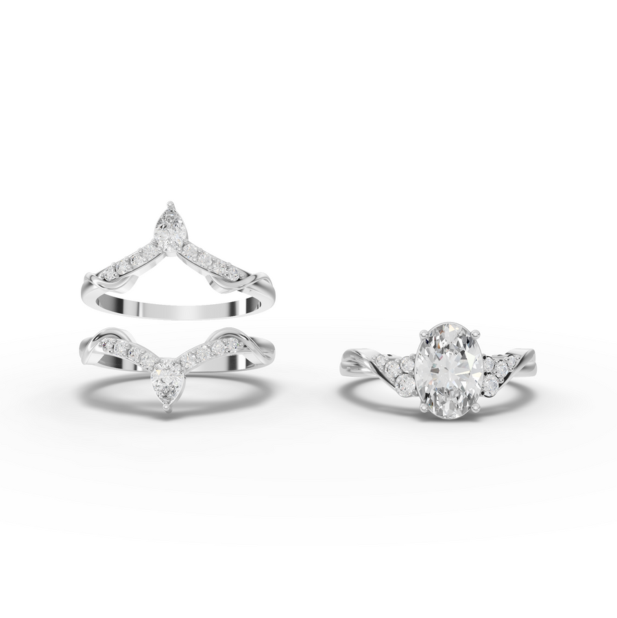 2.15 Ct Oval Halo Chevron Ring Set 1.5 Ct Center