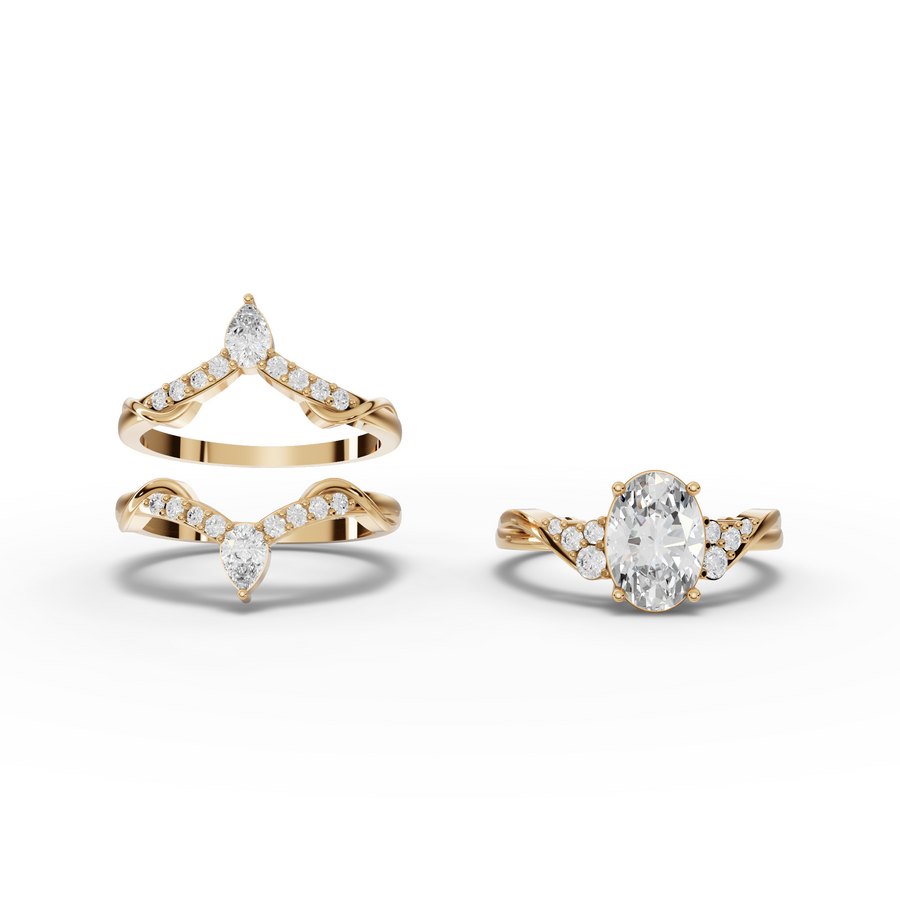 2.15 Ct Oval Halo Chevron Ring Set 1.5 Ct Center