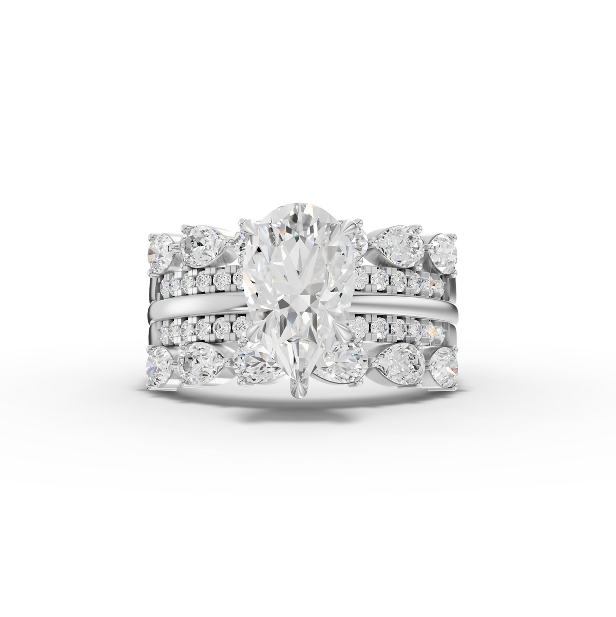 2.87 Ct Pear Diamond Engagement Ring with Triple Row Pavé Band Design