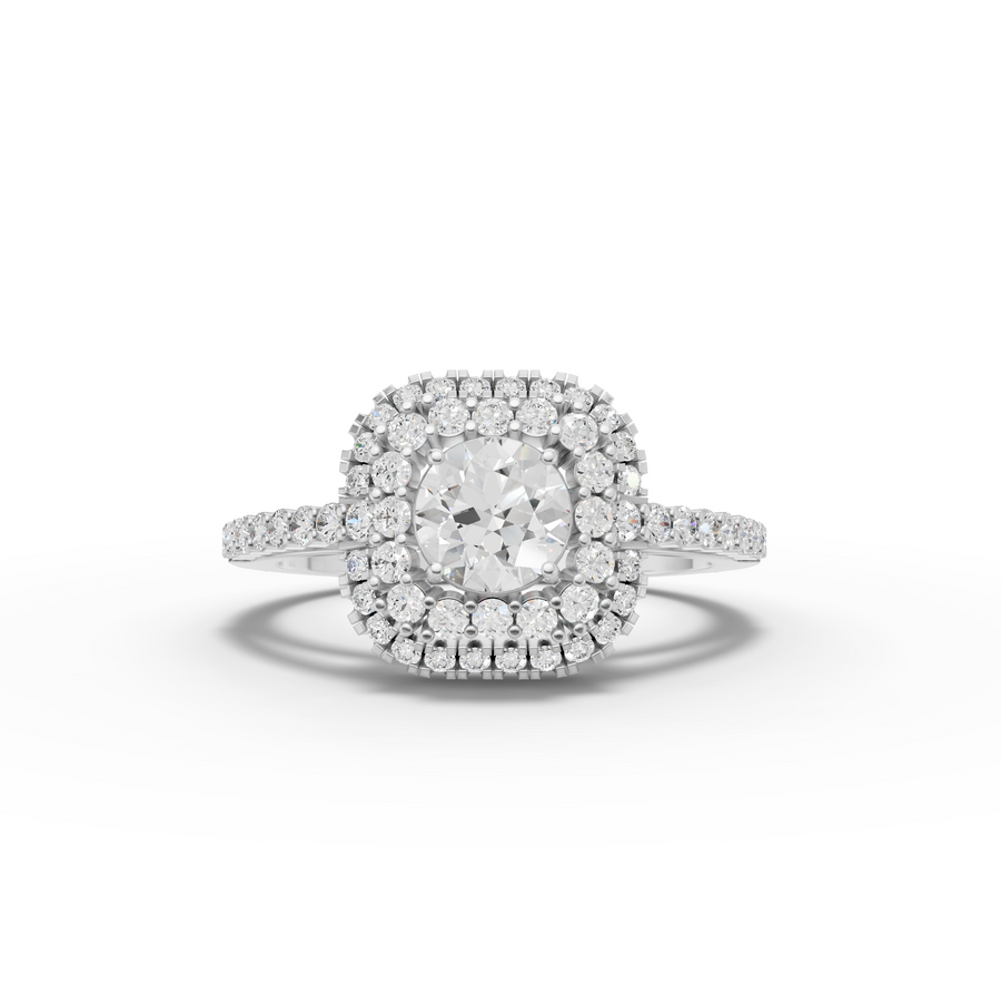 0.95 ct double halo lab-grown diamond ring with 0.50 ct round center stone and pavé accent band