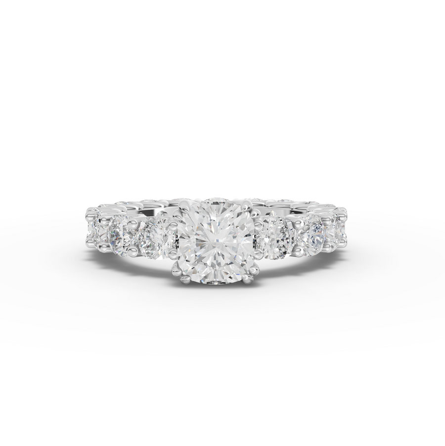 5.28 ct cushion lab diamond full eternity ring with 1.50 ct center stone in a refined bridal design