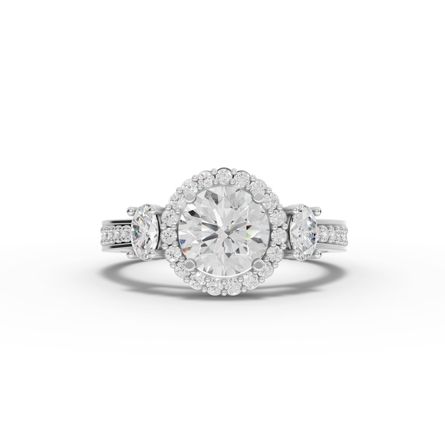 1.48 ct round halo lab diamond three stone ring with 1.00 ct center, oval side stones and accent band