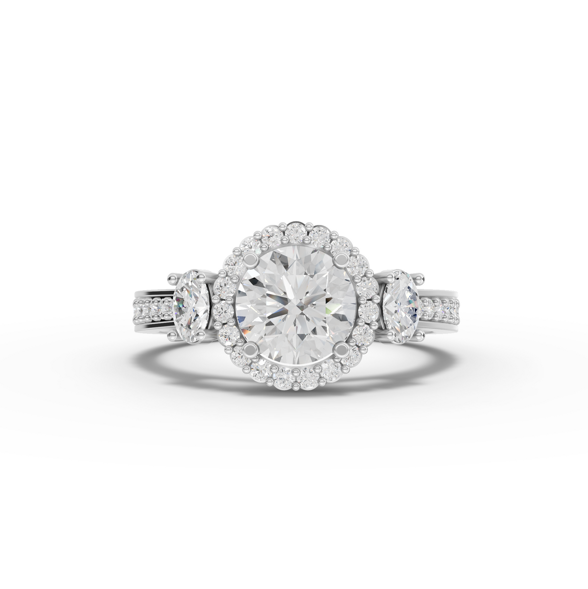 1.48 Ct Round Halo with Oval Side Stones Lab Grown Diamond Engagement Ring