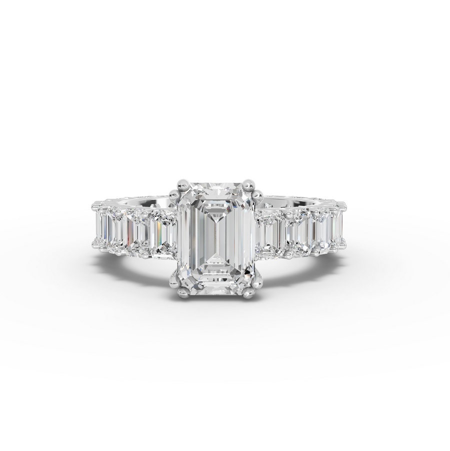 5.79 ct emerald lab diamond eternity ring with large center stone and full diamond band