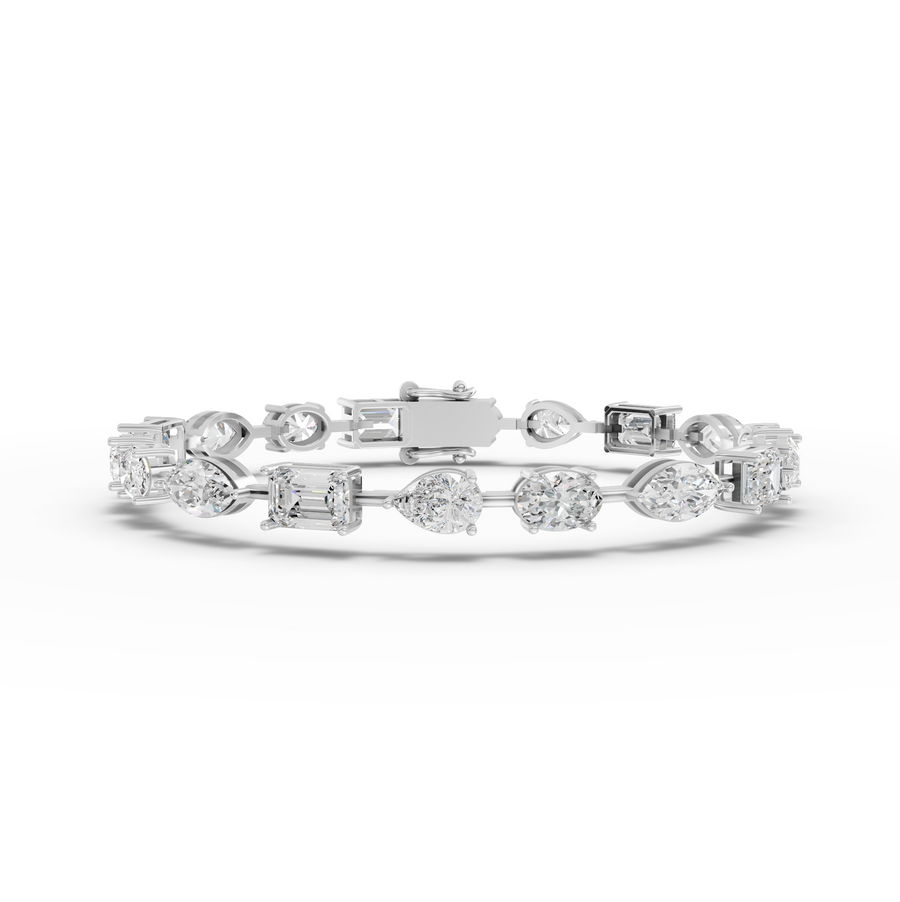 7.69 ct multi shape lab grown diamond tennis bracelet in white gold with emerald pear oval and round diamonds