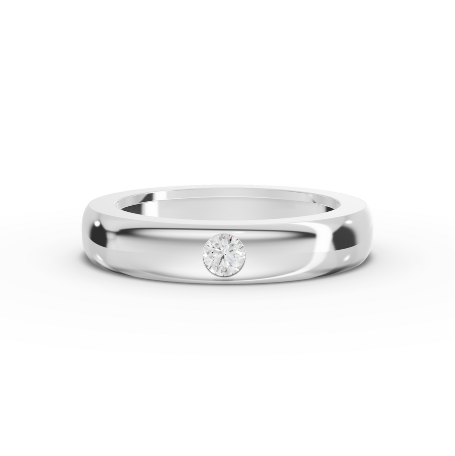 0.10 ct bezel set round lab grown diamond wedding band with a minimal polished ring design