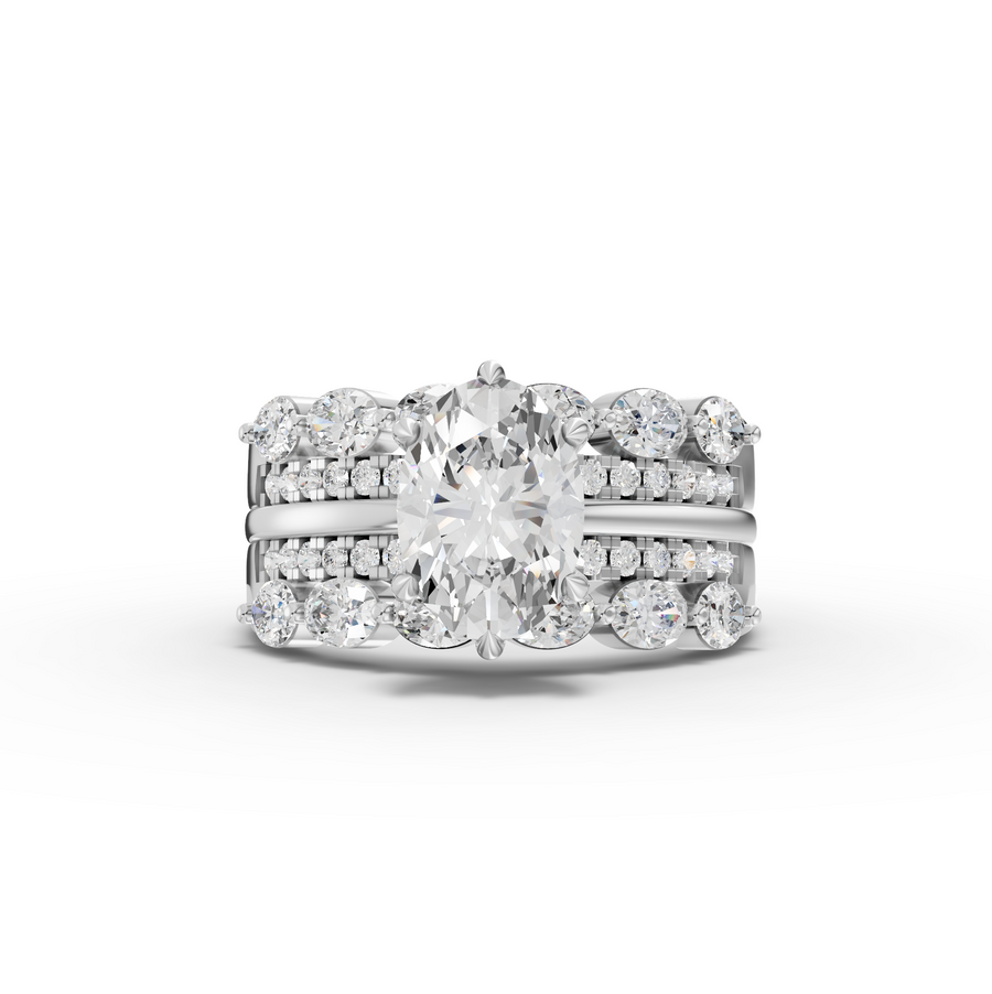 2.77 ct oval lab diamond bridal set with 1.50 ct center, double band and half eternity diamond details