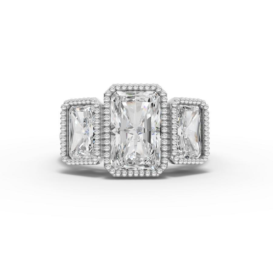 4.00 ct radiant three stone lab diamond ring with 2.00 ct center and milgrain bezel setting