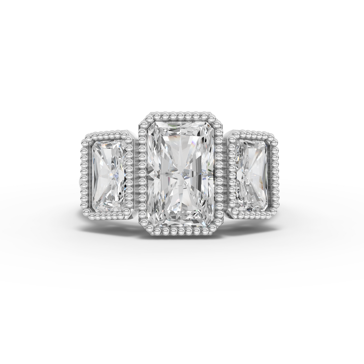 4.00 Ct Radiant Three Stone Lab Diamond Ring with Milgrain Bezel 2.00 Ct Center