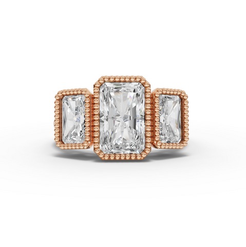 4.00 Ct Radiant Three Stone Lab Diamond Ring with Milgrain Bezel 2.00 Ct Center