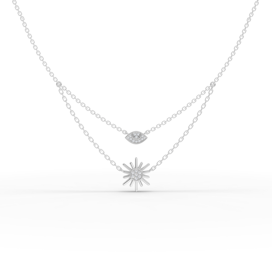 0.10 ct lab diamond layered necklace with evil eye charm and sun pendant