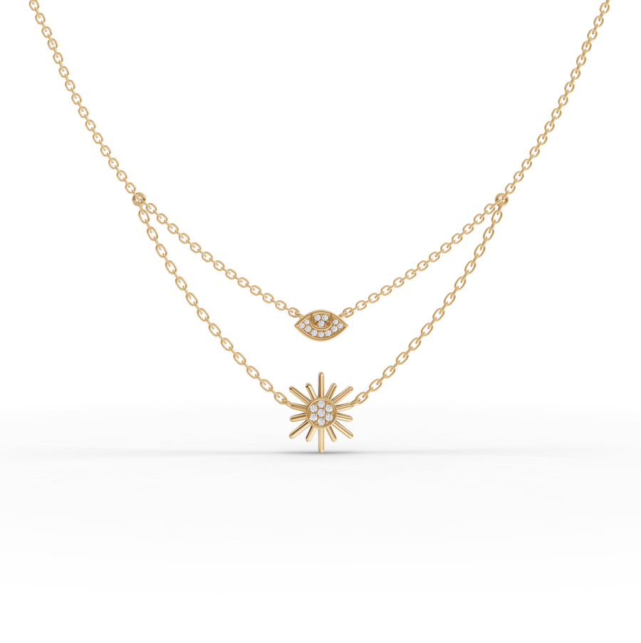 0.10 Ct Evil Eye & Sun Layered Necklace