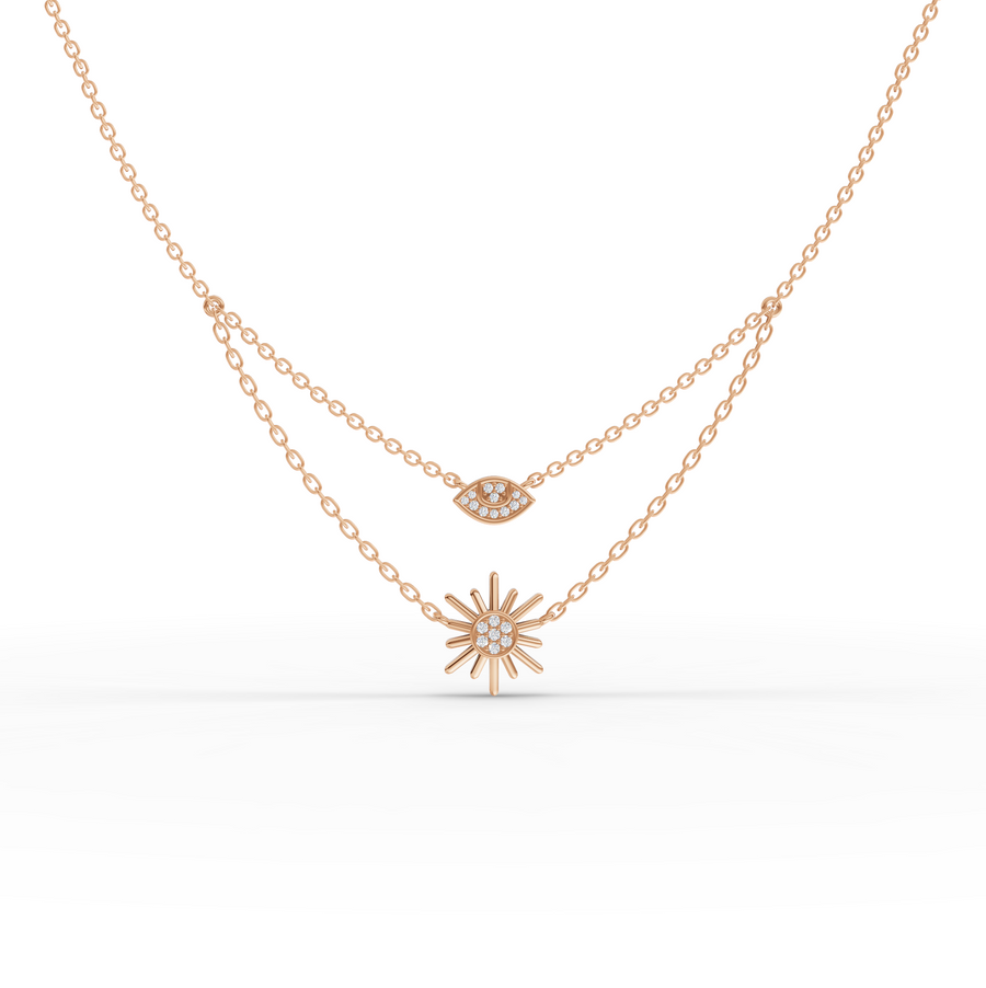 0.10 Ct Evil Eye & Sun Layered Necklace