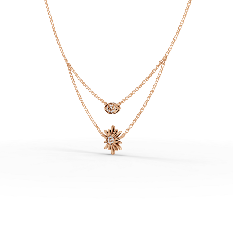 0.10 Ct Evil Eye & Sun Layered Necklace