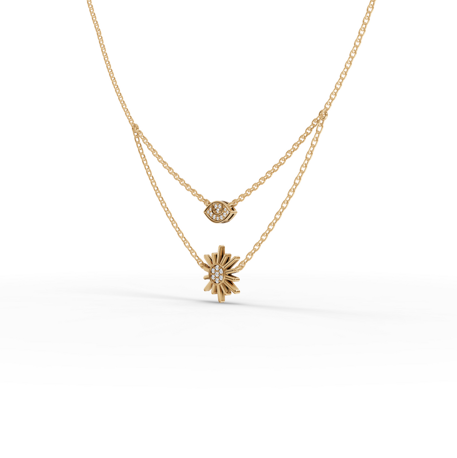 0.10 Ct Evil Eye & Sun Layered Necklace