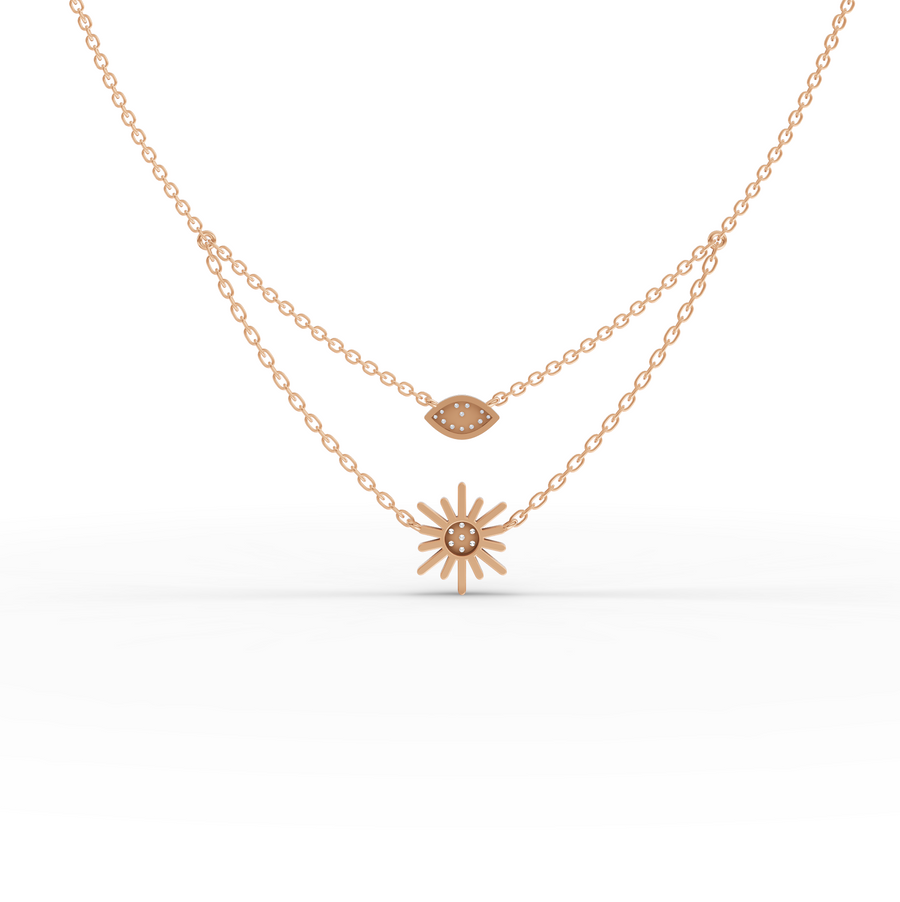 0.10 Ct Evil Eye & Sun Layered Necklace