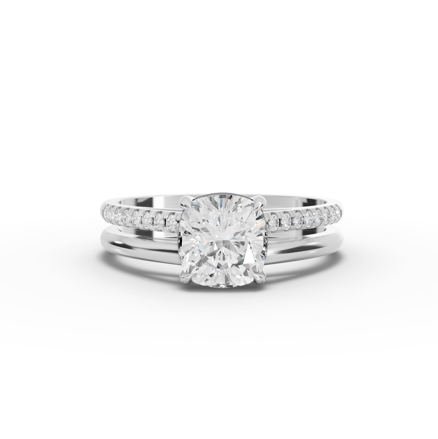 1.60 ct cushion lab grown diamond ring with 1.50 ct center stone and double band split shank setting