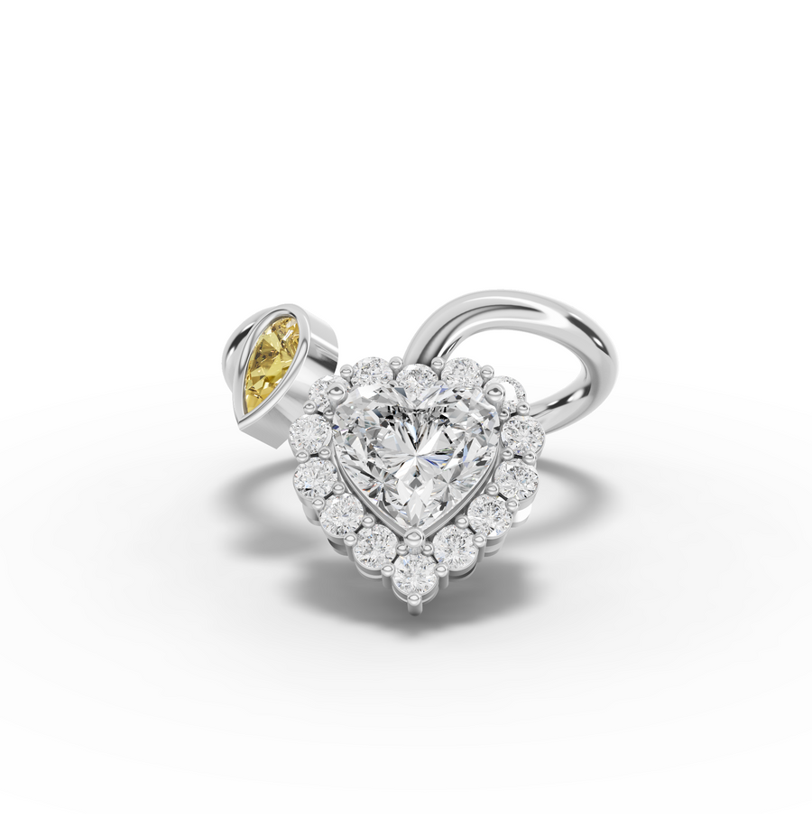 2.17 ct heart halo lab diamond ring with pear side diamonds and yellow gold accents