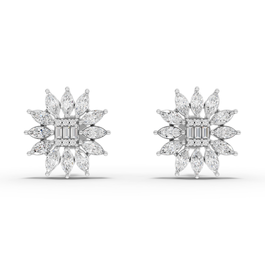 1.09 ct marquise cluster lab diamond stud earrings with flower design and baguette-style center