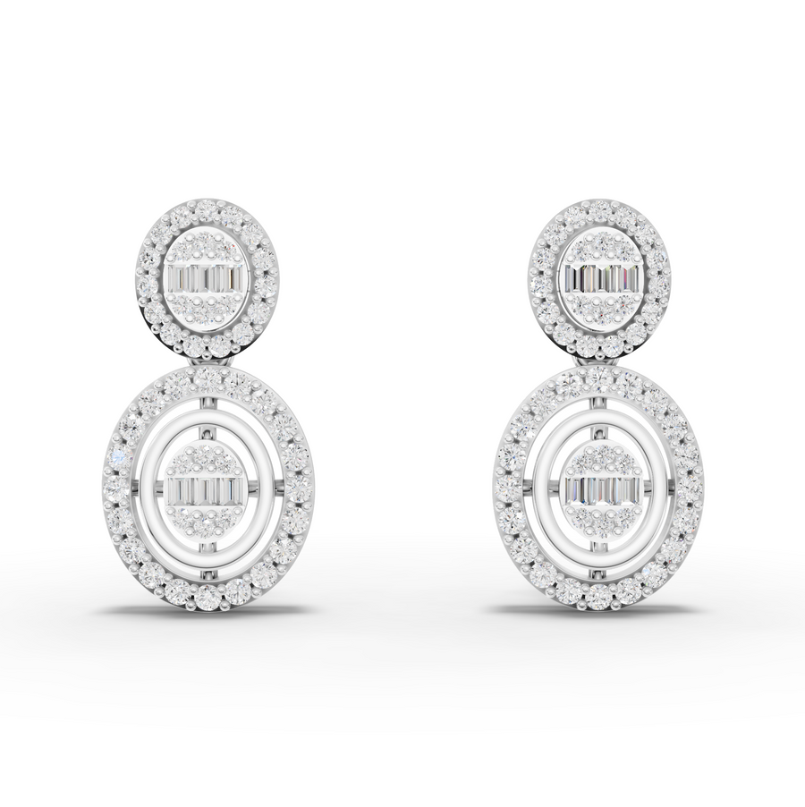 0.56 ct oval halo lab grown diamond drop earrings with baguette cluster and screw-back posts