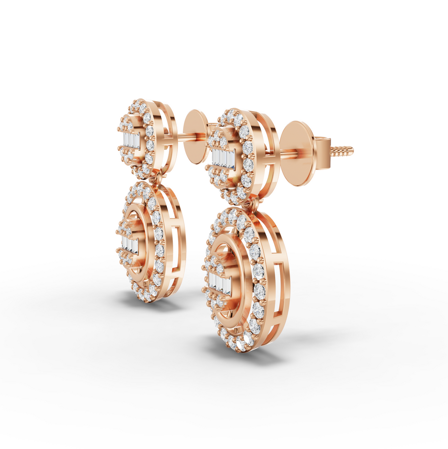 0.56 Ct Oval Halo with Baguette Cluster Earrings