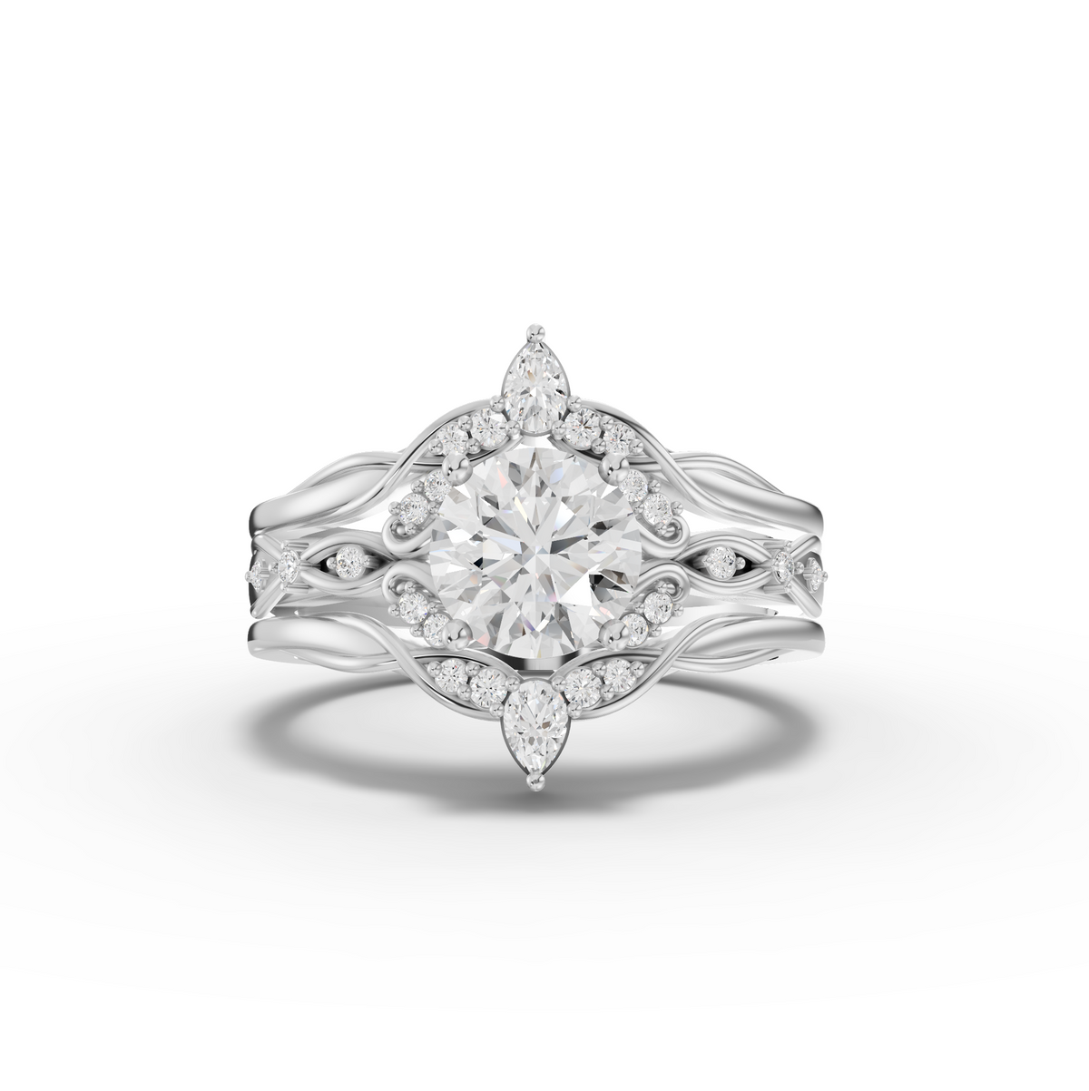 1.19 Ct Round Solitaire Halo Lab Diamond Chevron Ring Set 1.00 Ct Center