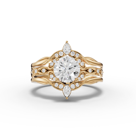1.19 Ct Round Solitaire Halo Lab Diamond Chevron Ring Set 1.00 Ct Center