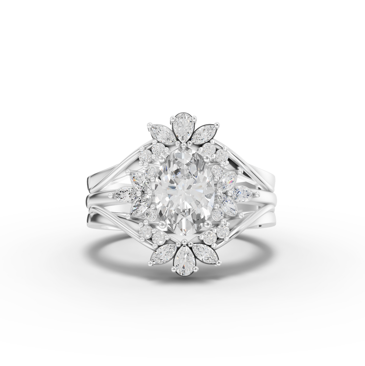 1.41 Ct Oval Lab Diamond Halo Ring with Side Band Set 1.00 Ct Center