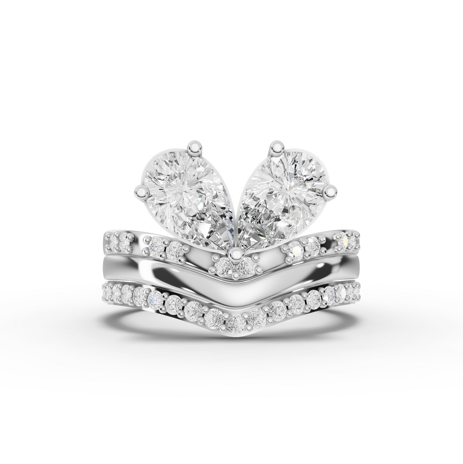 1.80 ct pear Toi et Moi lab diamond ring with double chevron bands set