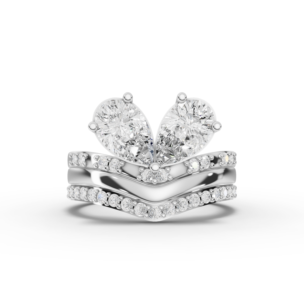 1.80 Ct Pear Toi et Moi Lab Diamond Ring with Double Chevron Bands Set