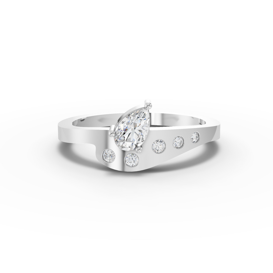 0.27 ct pear lab grown diamond engagement ring with flush-set accent diamonds and a sleek modern band