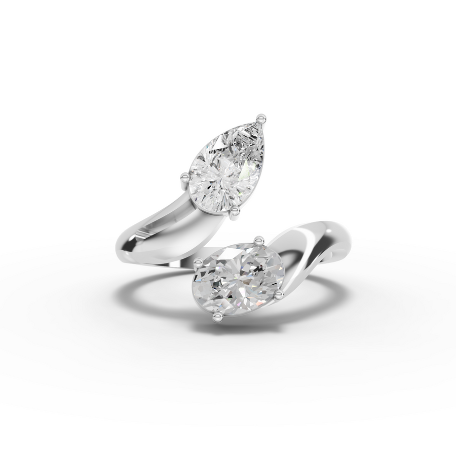 1.36 ct Toi et Moi lab diamond bypass ring with pear and oval diamonds in a two-stone setting