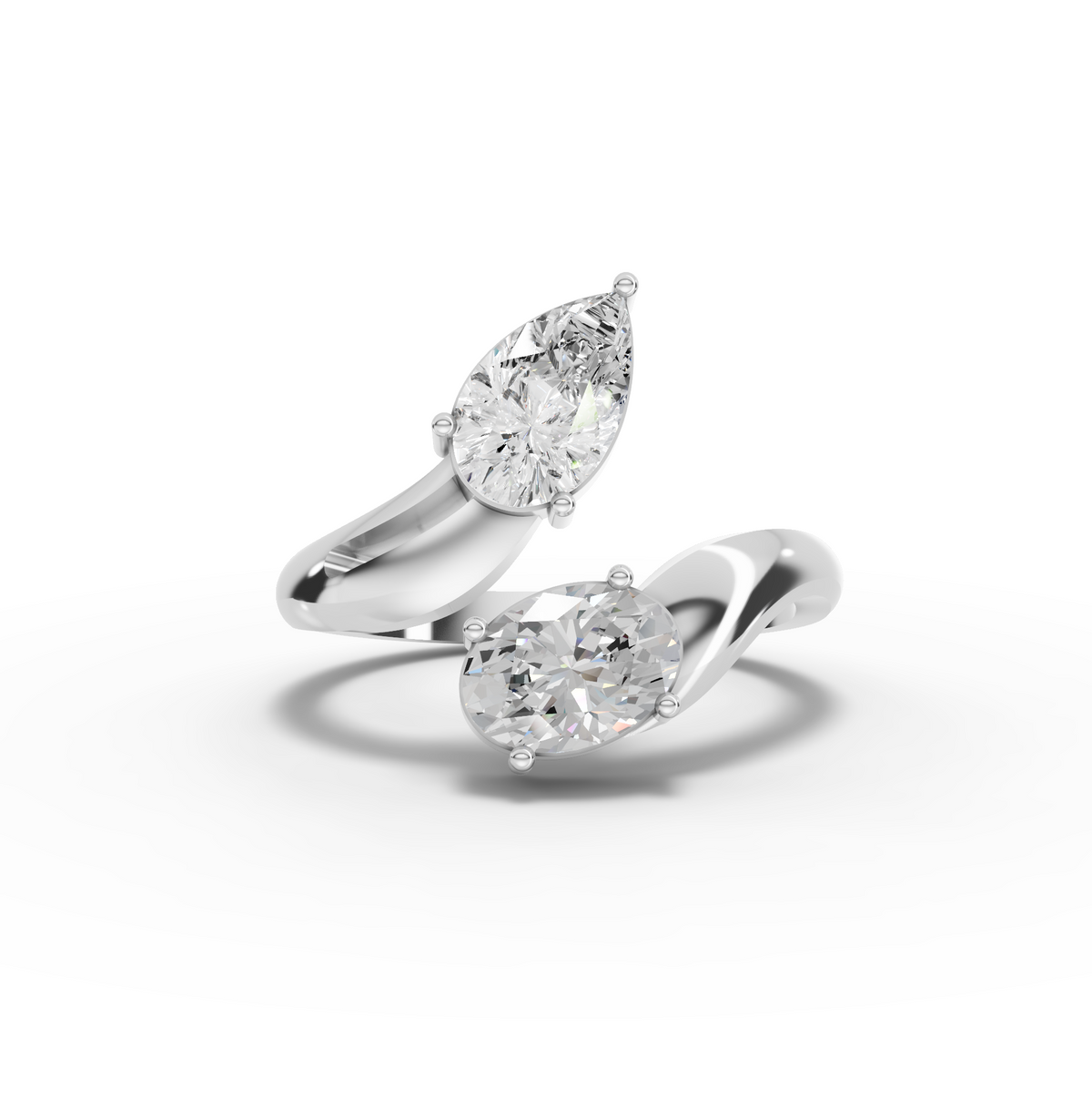 1.36 ct Toi et Moi lab diamond bypass ring with pear and oval diamonds in a two-stone setting