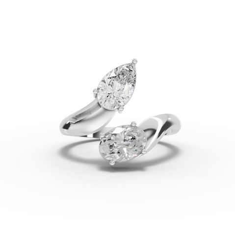 1.36 ct Toi et Moi lab diamond bypass ring with pear and oval diamonds in a two-stone setting