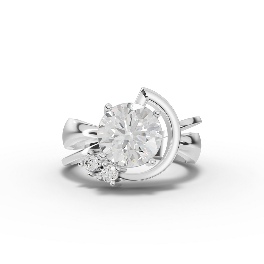 2.09 ct round lab diamond bypass ring with 2 ct center stone and accent stones in a swirl setting