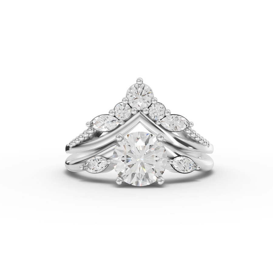 1.40 ct round lab diamond bridal set with 1.00 ct center stone and crown chevron wedding band