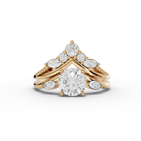 1.40 Ct Round Lab Diamond Bridal Set with Crown Chevron Band 1.00 Ct Center