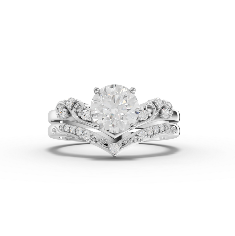 1.11 ct round lab grown diamond chevron ring set with 1.00 ct center stone and vintage-inspired accent band