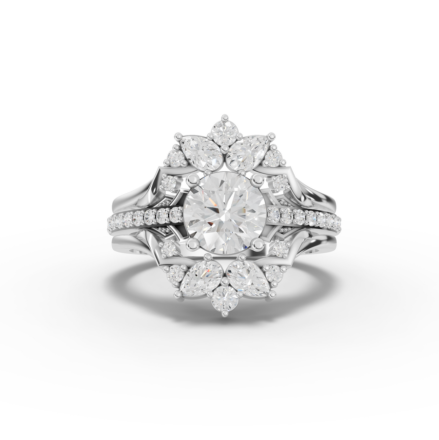 1.65 ct round lab diamond floral halo ring with 1.00 ct center stone and accent set band