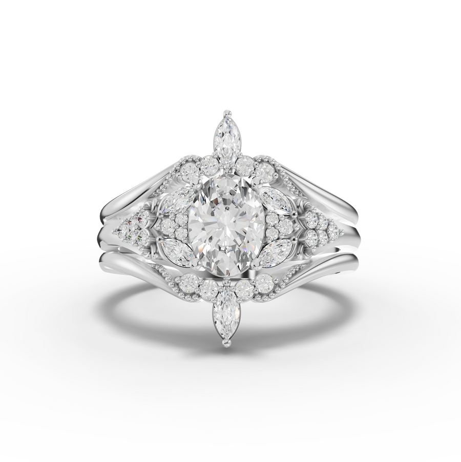 1.04 ct oval lab grown diamond halo ring with 0.75 ct center stone and accent band set