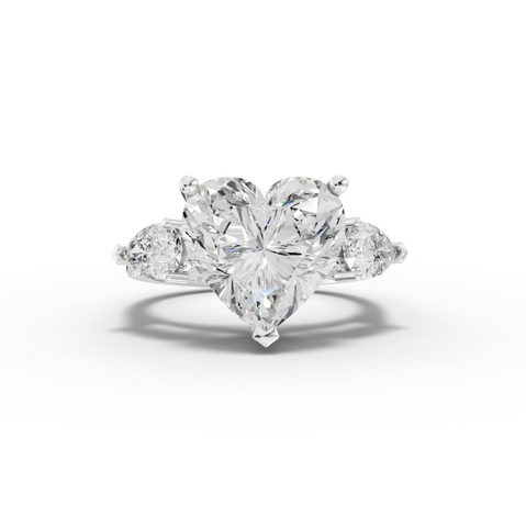6.05 Ct Heart Lab Diamond Three Stone Ring with Hidden Halo 5.00 Ct Center