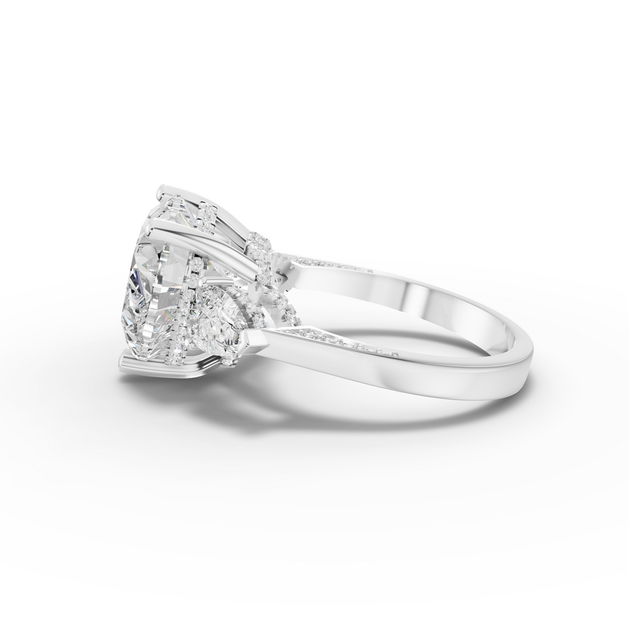 6.05 Ct Heart Lab Diamond Three Stone Ring with Hidden Halo 5.00 Ct Center