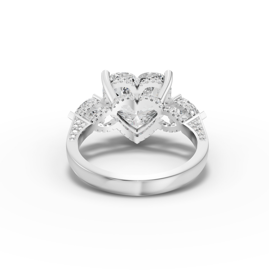 6.05 Ct Heart Lab Diamond Three Stone Ring with Hidden Halo 5.00 Ct Center
