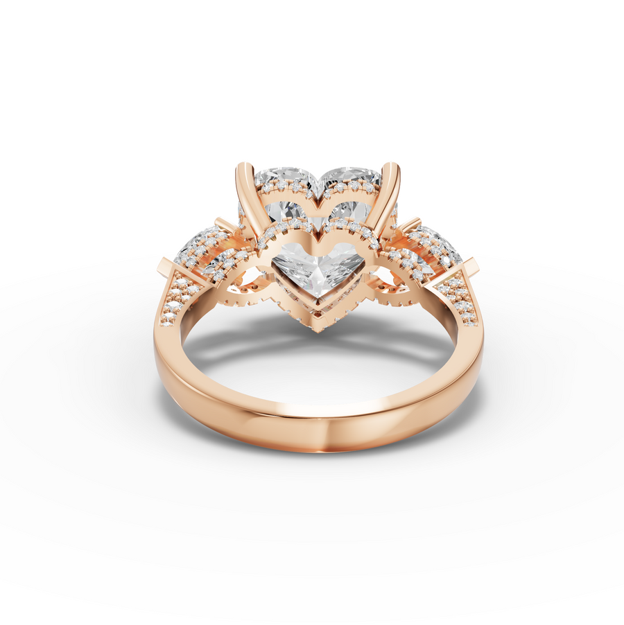 6.05 Ct Heart Lab Diamond Three Stone Ring with Hidden Halo 5.00 Ct Center